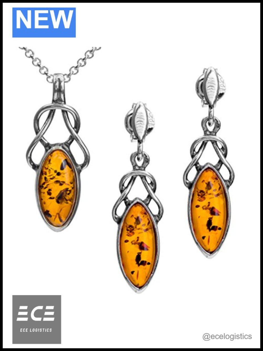 Sterling Silver Amber Celtic Earrings Pendant Necklace Set 18"